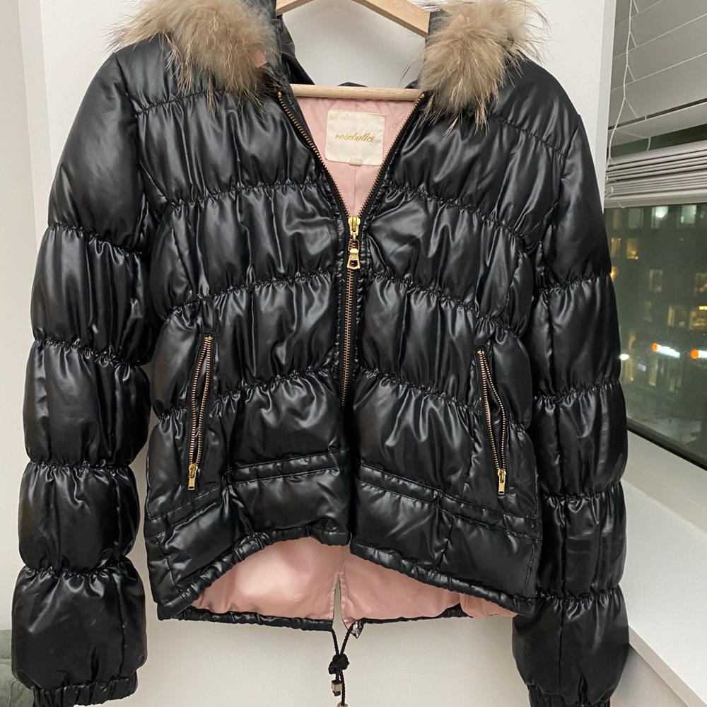 Rosebullet Women Duck Down Puffer Black Jacket Fur